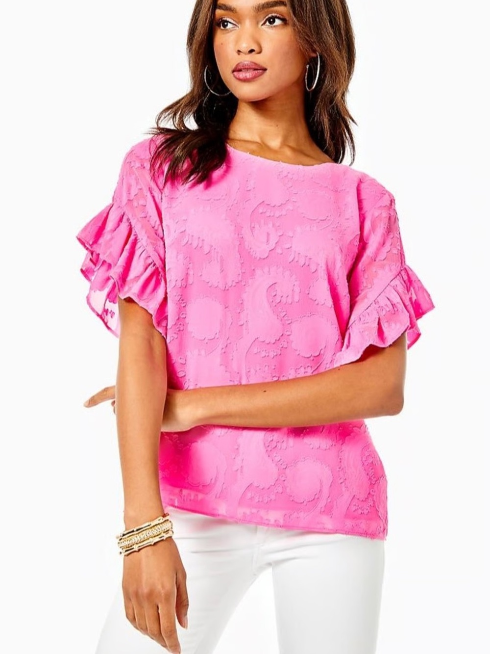 Lilly Pulitzer Darlah Top Cockatoo Pink Ruffle Sleeve Textured Paisley XXS